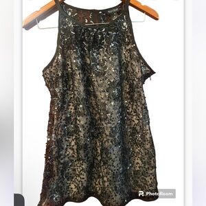 White House Black Market Black Sequined Top Dressy Sz S Classy